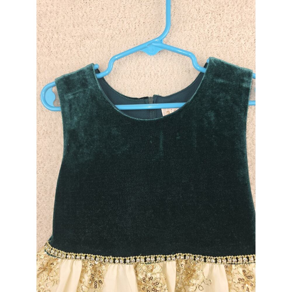 Biscotti Collezioni Girls Green Velvet and Ivory Gold Embroidered Formal Dress 6 - Picture 2 of 15